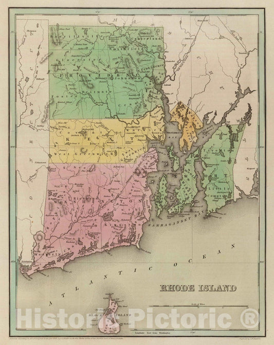 Rhode Island, 1838 - Historical Map Print from Bradford's Illustrated Atlas