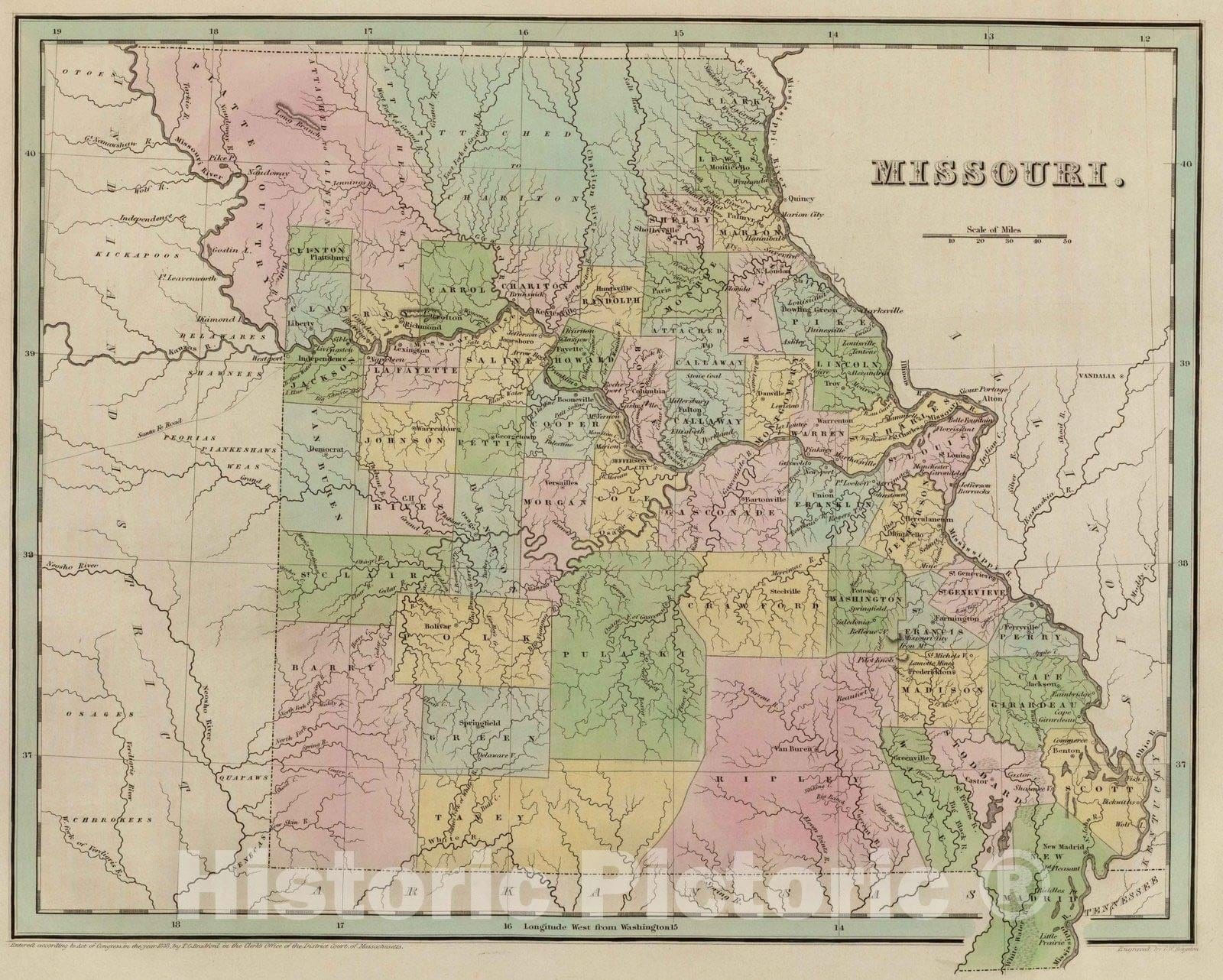 Missouri, 1838 - Historical Map Print from Bradford's Atlas