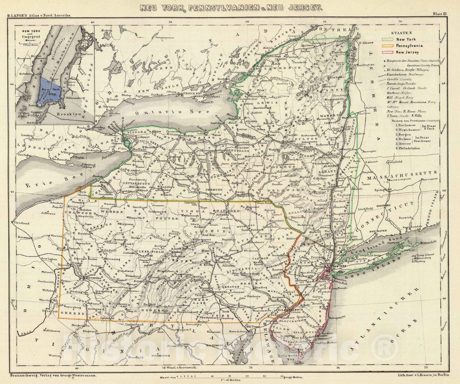 Historic Map : New Jersey, 1854 Neu York, Pennsylvanien u. Neu Jersey. , Vintage Wall Art