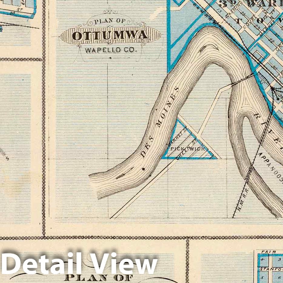 Ottumwa, Russell, Scranton, Tyrone, Knoxville and Jefferson, Iowa 1875 Historical Map Print