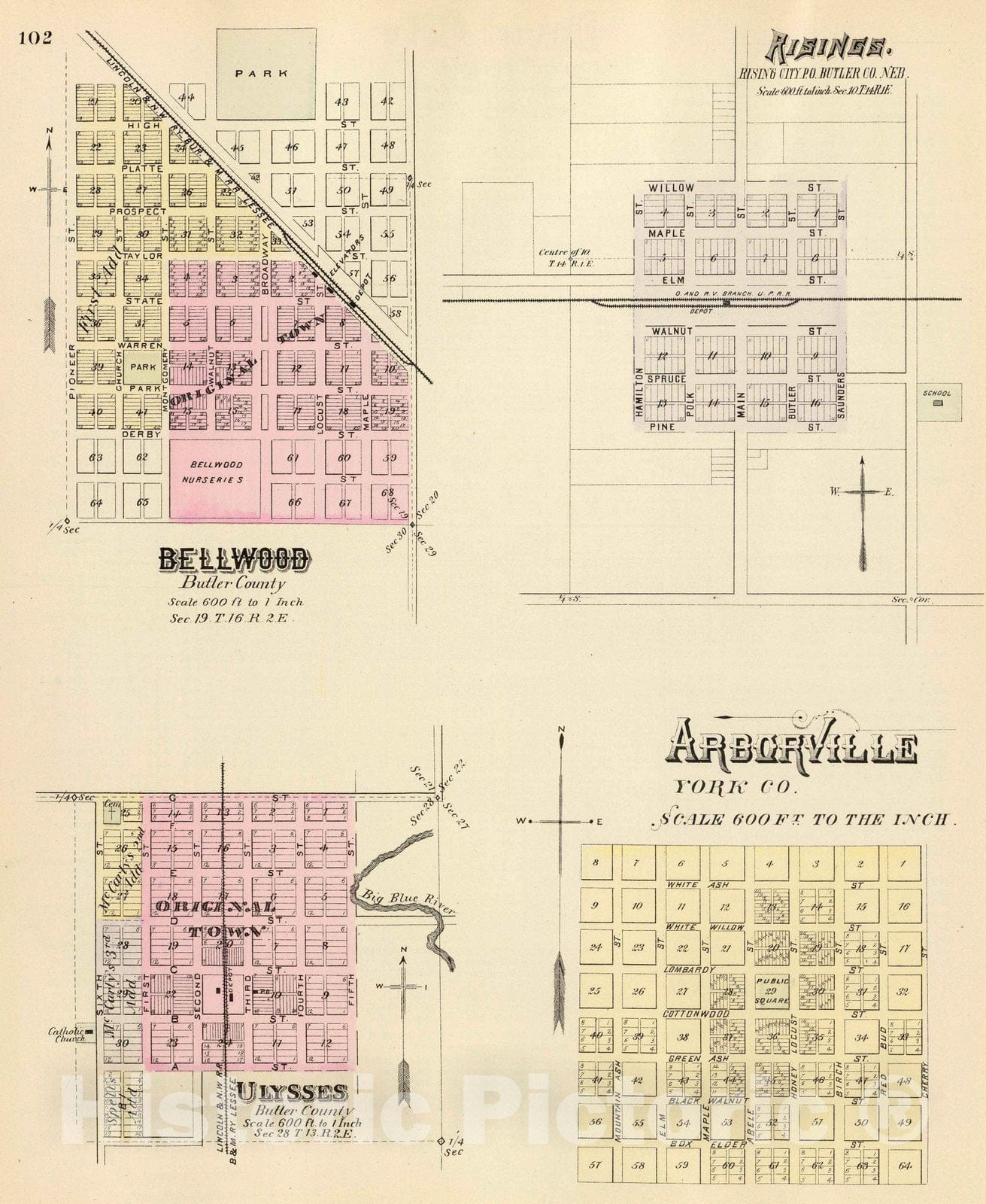 Historic Map : 1885 Bellwood, Risings, Ulysses, Arborville. - Vintage Wall Art