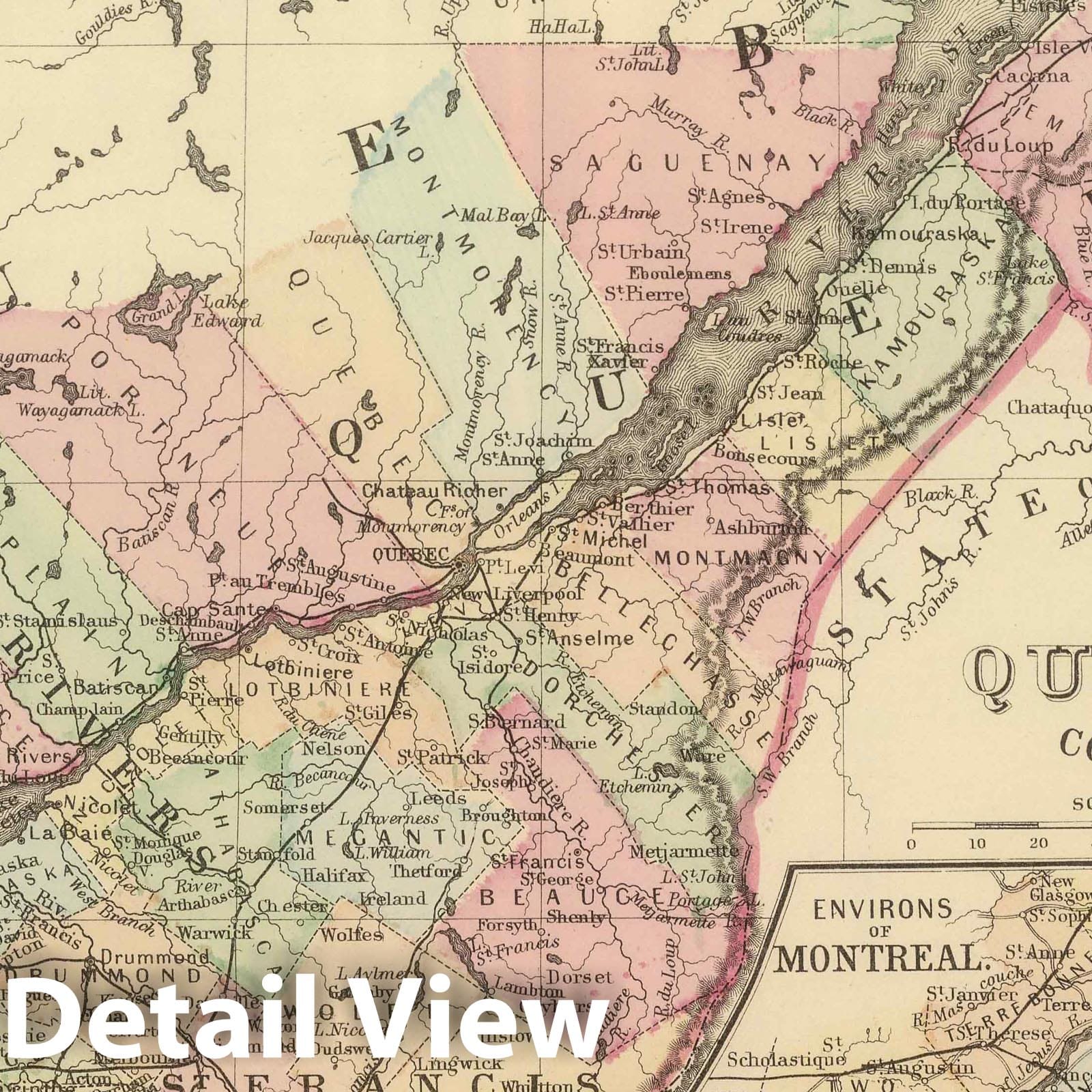 Quebec with Environs of Montreal - Railroad Map, 1884 - Historical Map Print