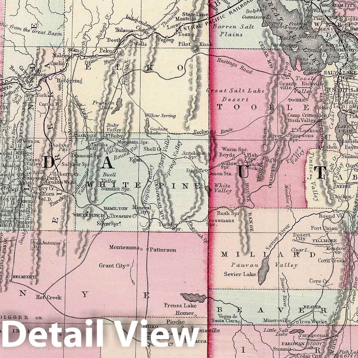 Utah and Nevada - Road Map, 1877 - Historical Map Print