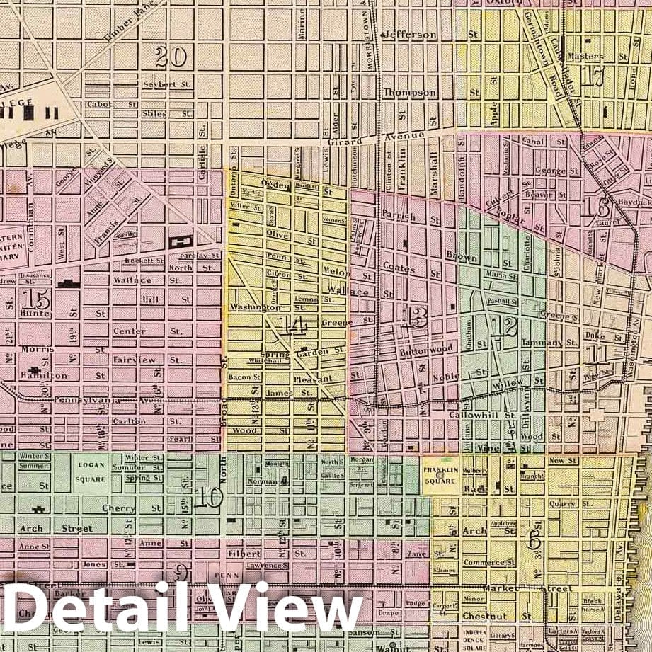 Philadelphia - Physical Map, 1856 - Colton's Atlas Historical Map Print