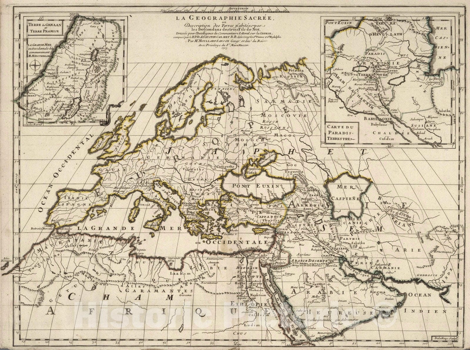 Historic Map : 1707 Land Inhabited by the Descendants of the Three Sons of Noah. - Vintage Wall Art