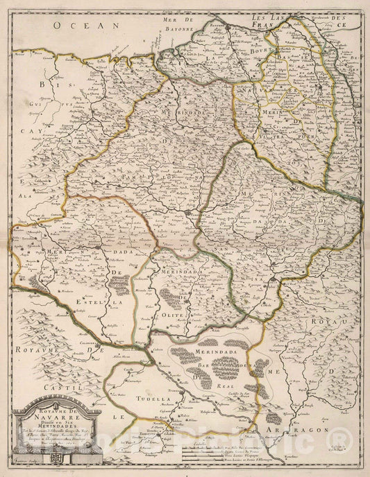 Historic Map : 1652 Kingdom of Vavarre, Spain and France. - Vintage Wall Art