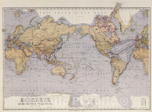 Historic Map : 1879 Erdkarte in Mercators Projection. (World in Mercators Projection). - Vintage Wall Art