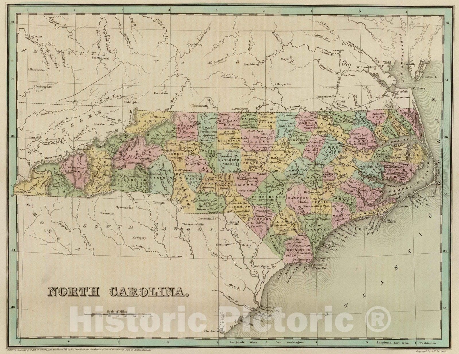 Historic Map : National Atlas - 1838 North Carolina. - Vintage Wall Art