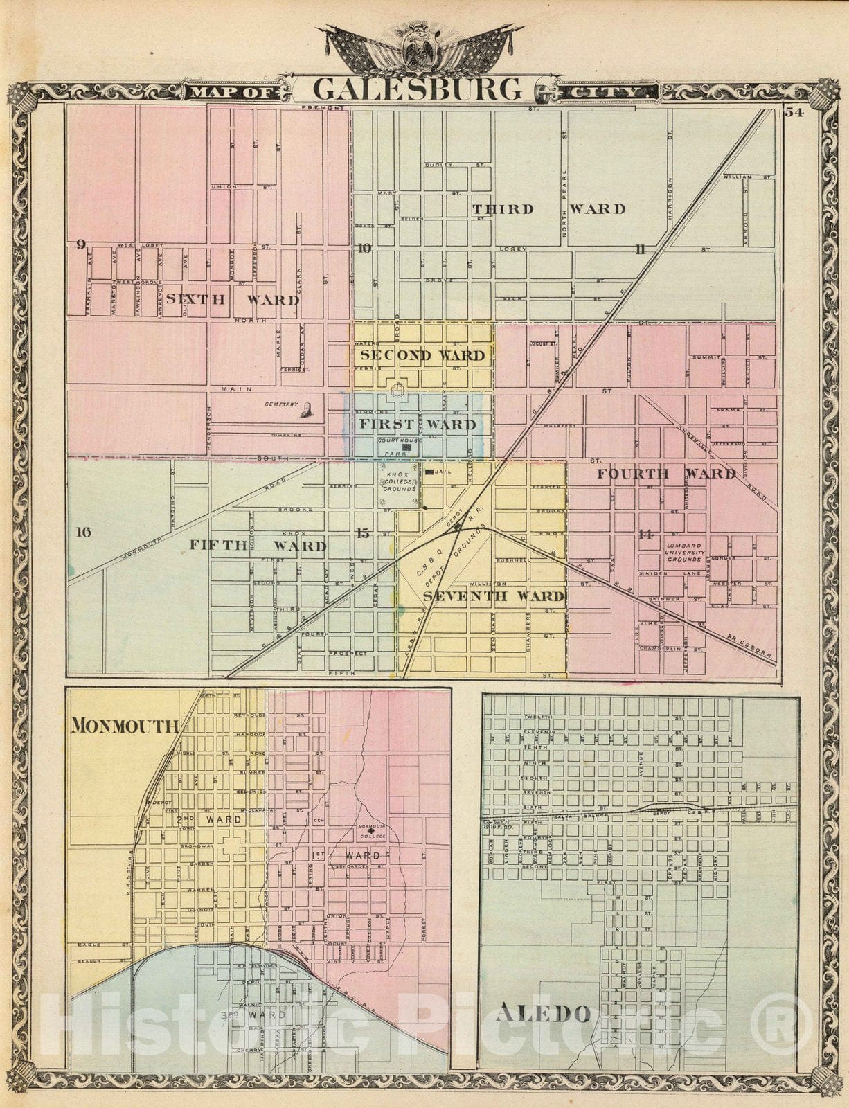 Galesburg, Monmouth, and Aledo, Illinois 1876 Historical Map Print