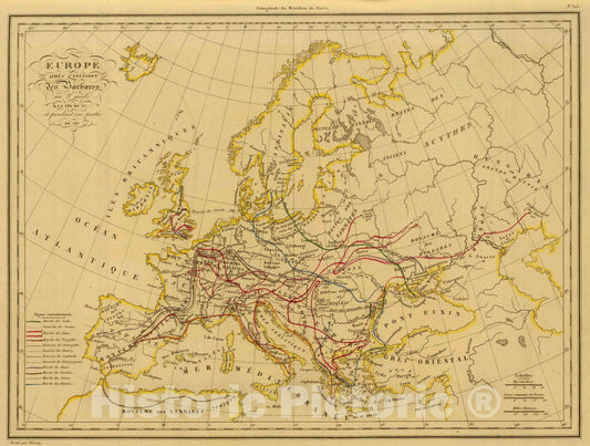 Historic Map : 1837 Europe apres l'Invasion des Barbares. - Vintage Wall Art