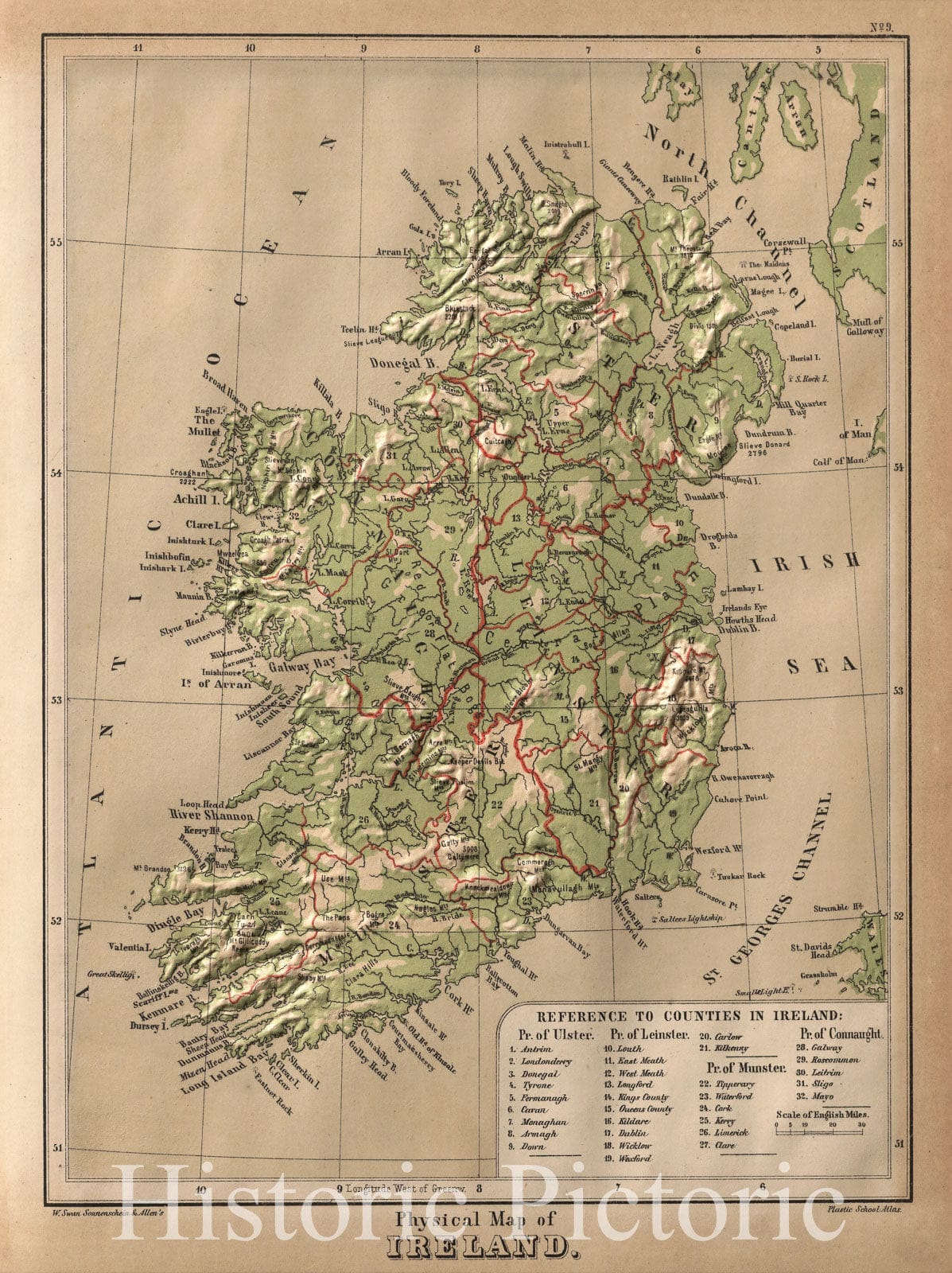 Ireland - Physical Map, 1880 - Historical Atlas Print