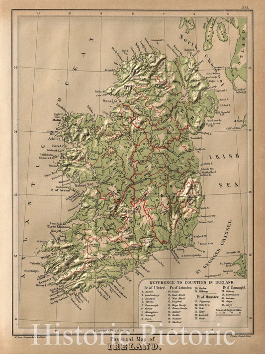 Ireland - Physical Map, 1880 - Historical Atlas Print