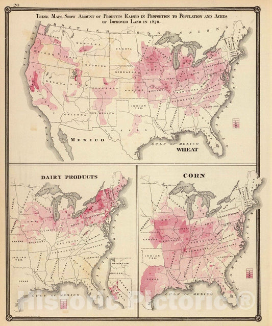 Historic Map : 1878 Products raised in 1870. Wheat. Dairy Products. Corn. - Vintage Wall Art