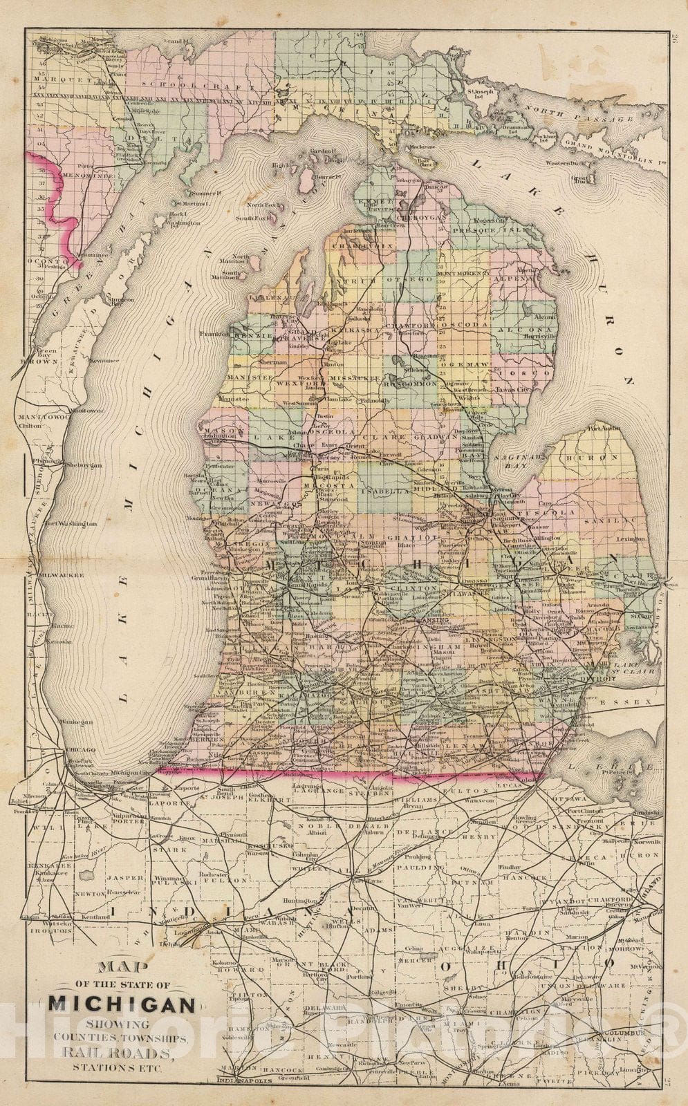 Michigan - Railroad Map, 1873 - Historical Map Print