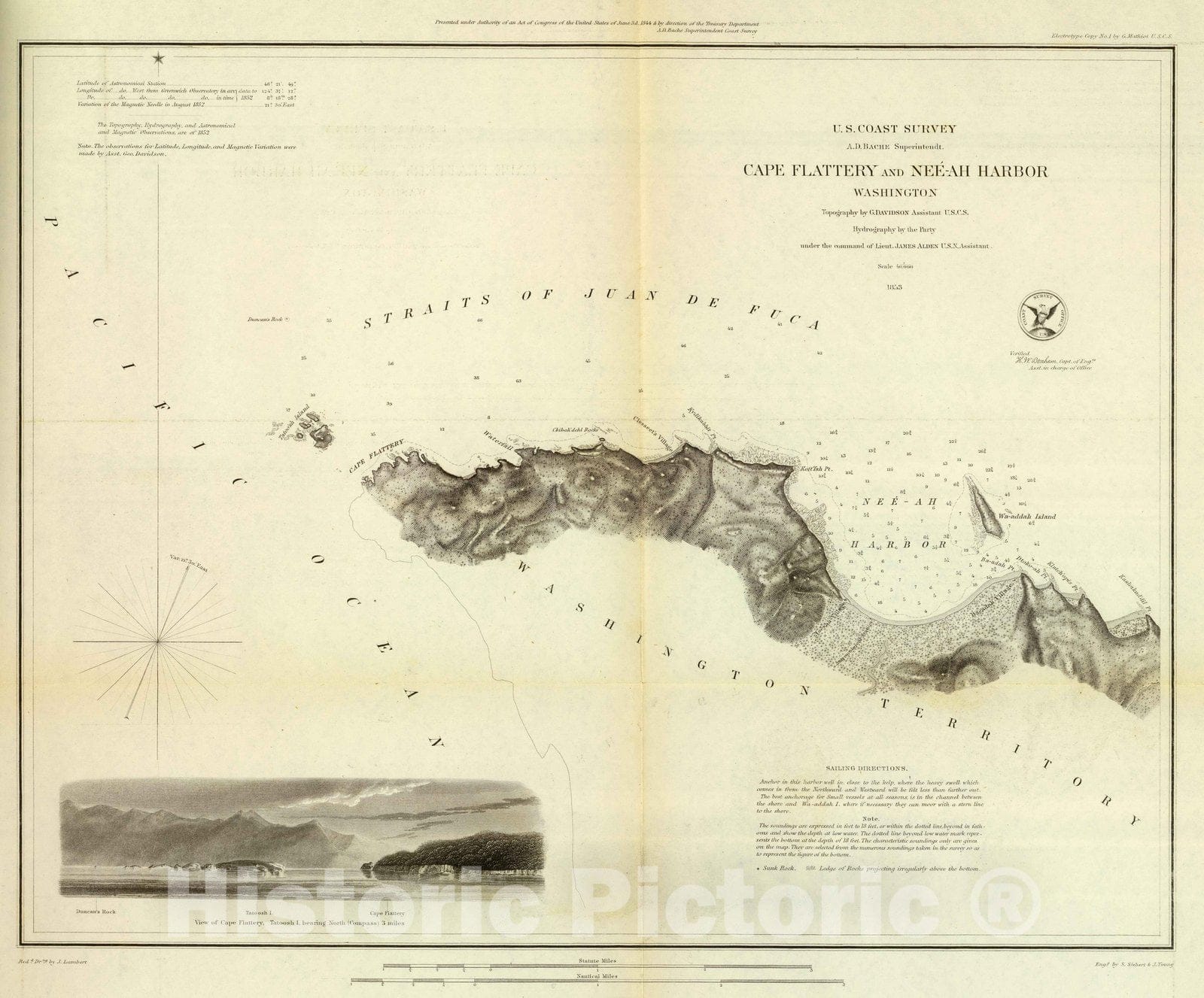 Historic Map : Chart Atlas - 1853 Cape Flattery, Nee-ah Harbor, Wash. - Vintage Wall Art