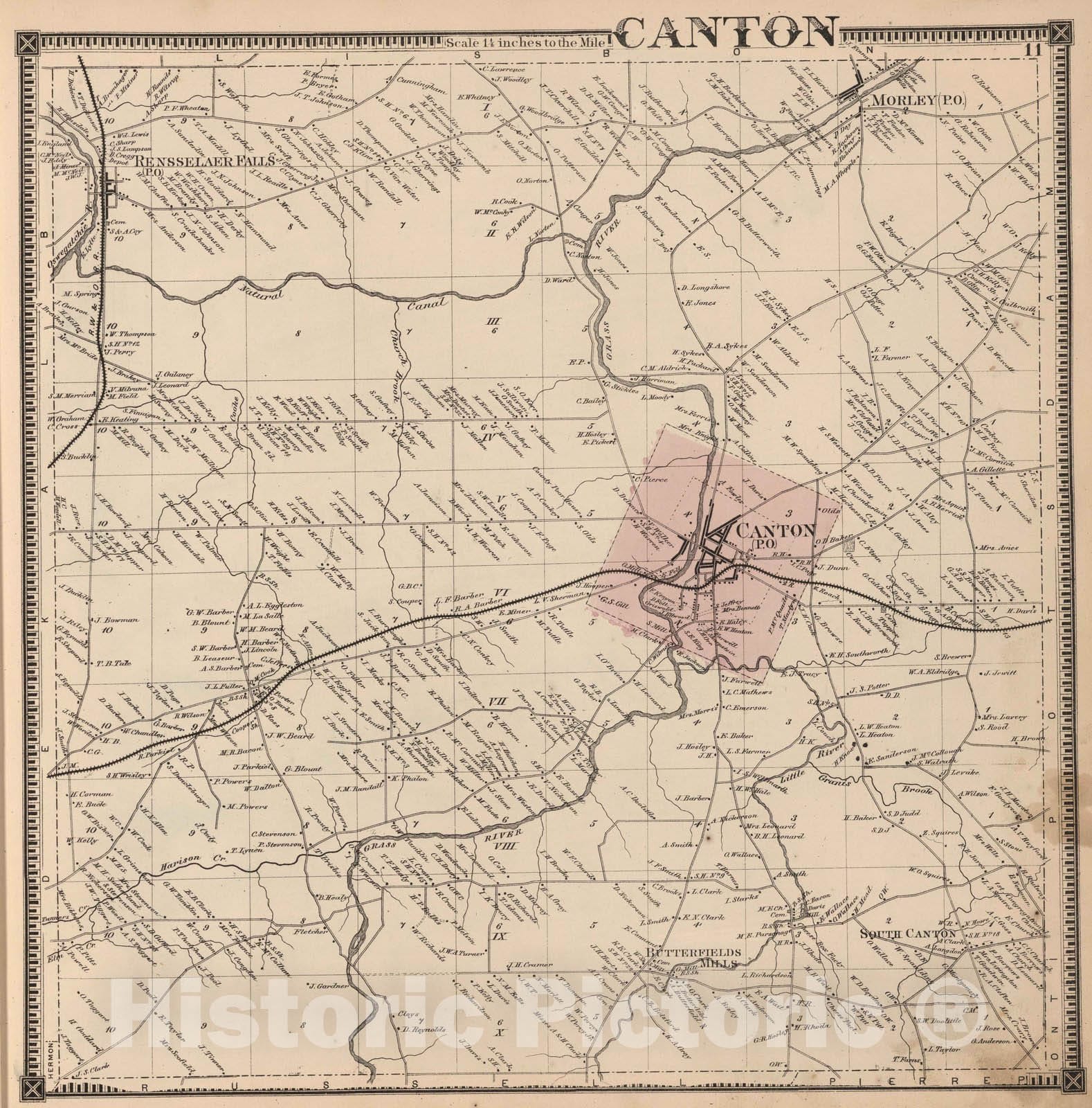Historic Map : 1865 Canton, Saint Lawrence County, New York. v2 - Vintage Wall Art