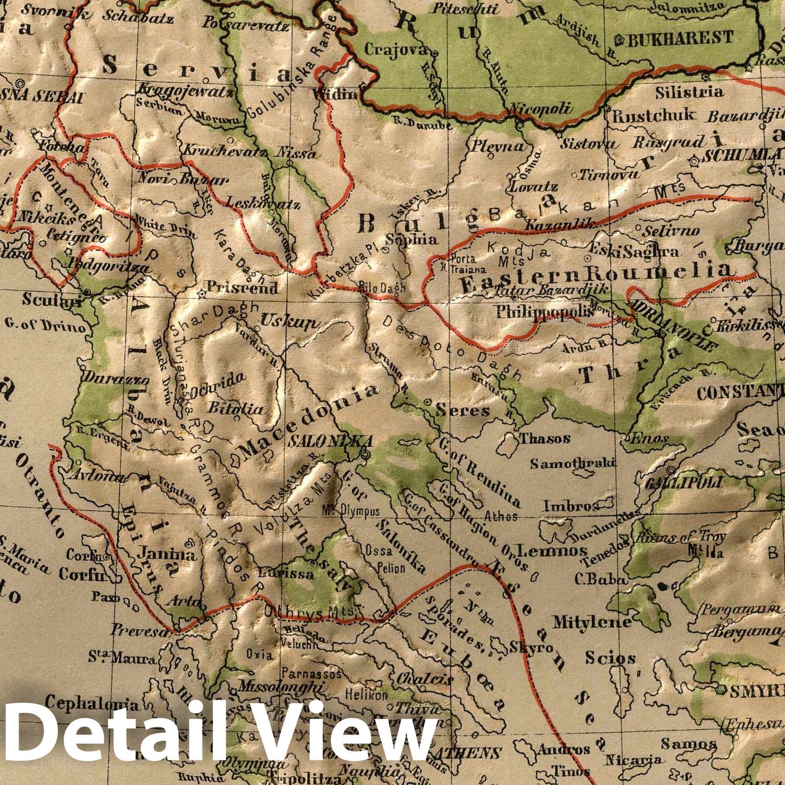 Turkey and Greece - Physical Map, 1880 - Historical Atlas Reproduction