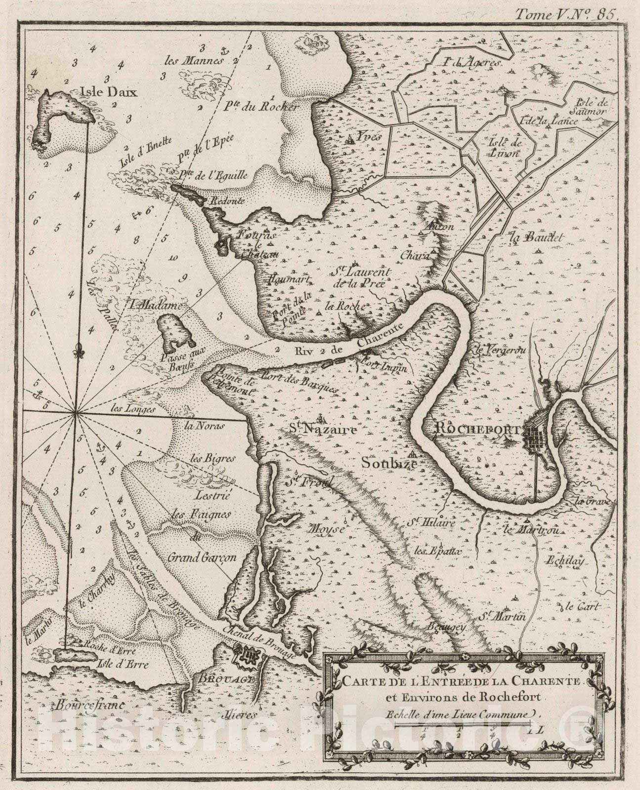 Historic Map : France , Rochfort France, Aunis 1764 Carte de I'entree de la Charente et environs de Rochefort. , Vintage Wall Art