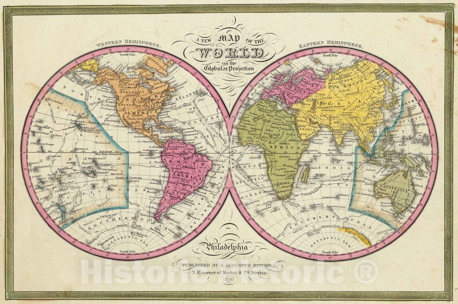 Historic Map : 1846 A New Map Of The World on the Globular Projection. - Vintage Wall Art