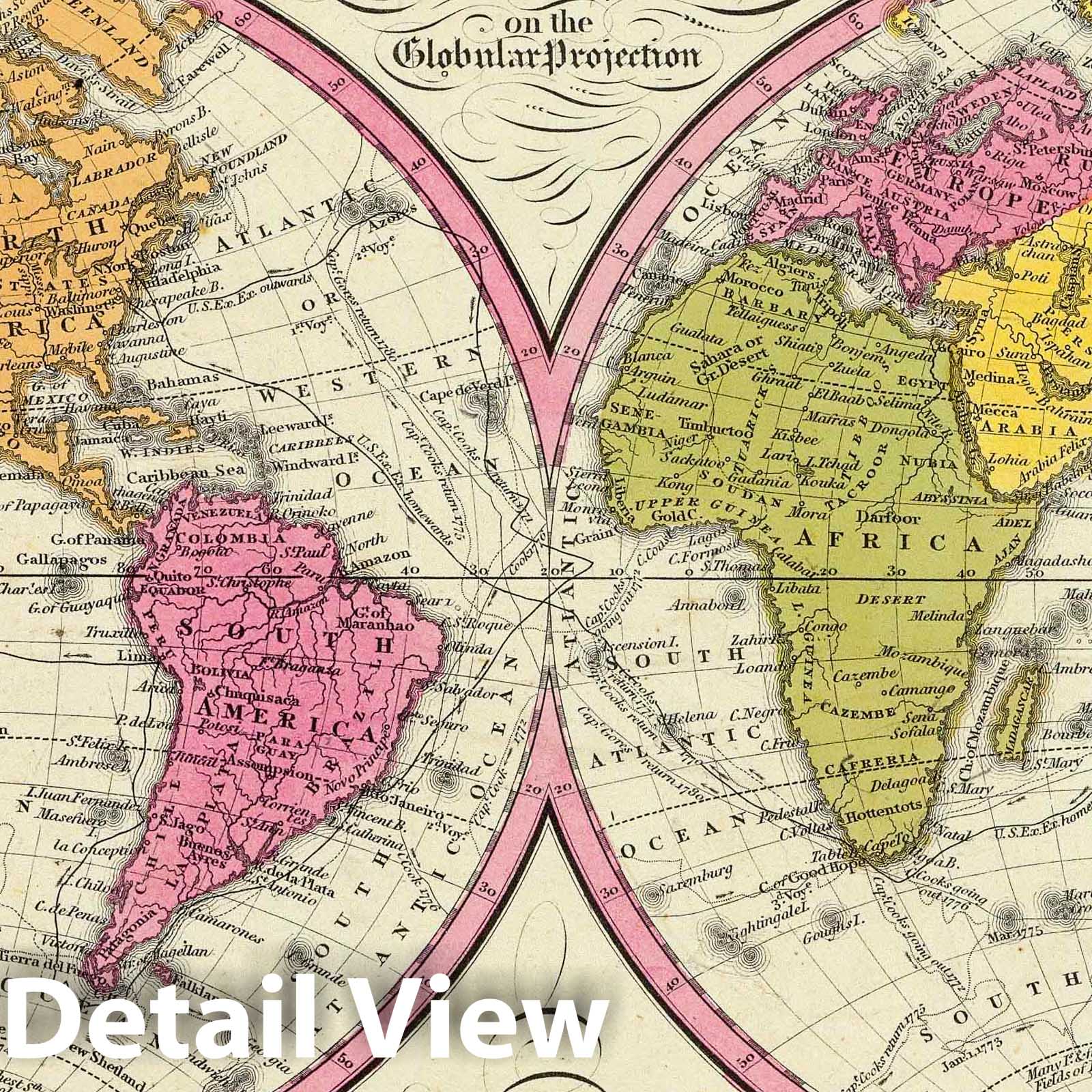 World - Double Hemisphere Map, 1846 - Mitchell's Universal Atlas Historical Map Print