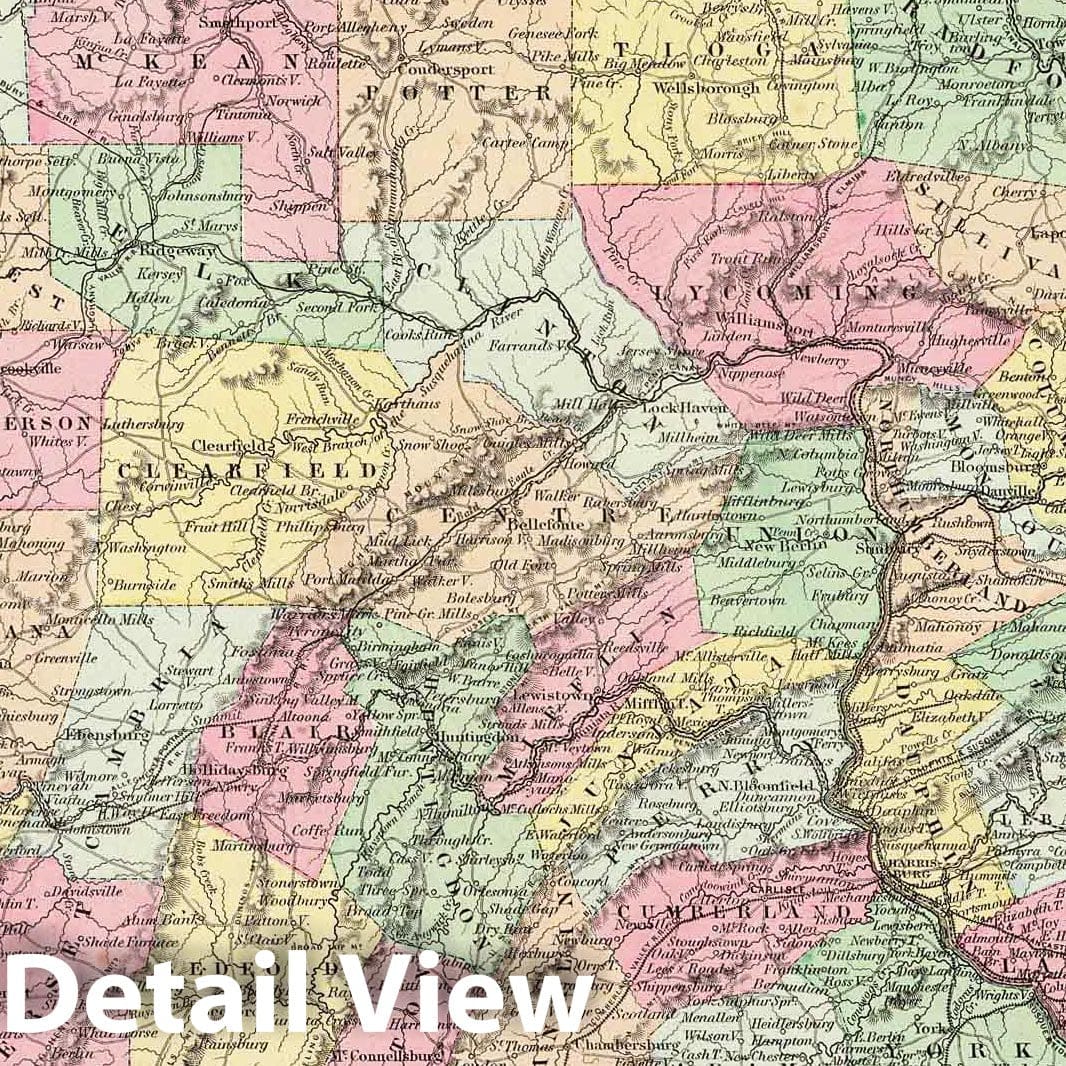 Pennsylvania - Physical Map, 1856 - Colton's Atlas Historical Map Print