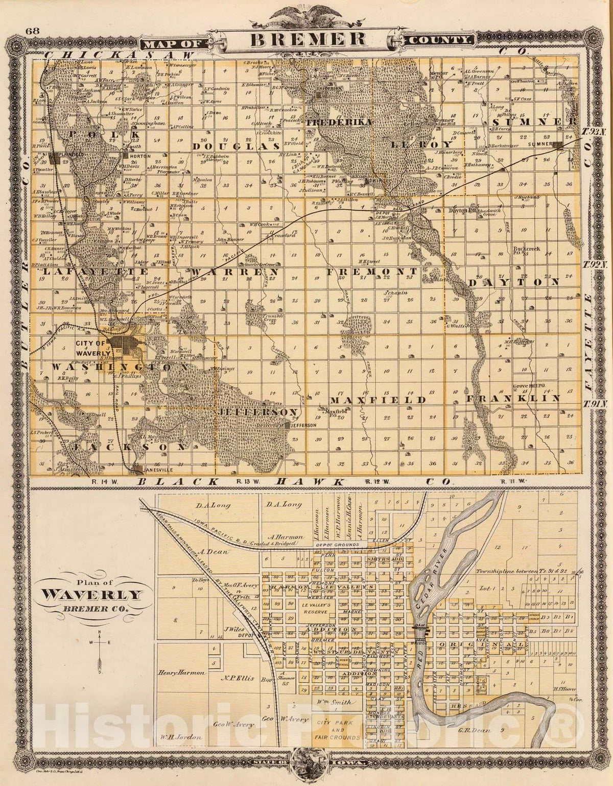 Bremer County, Iowa with Waverly Plan - Railroad Map, 1875