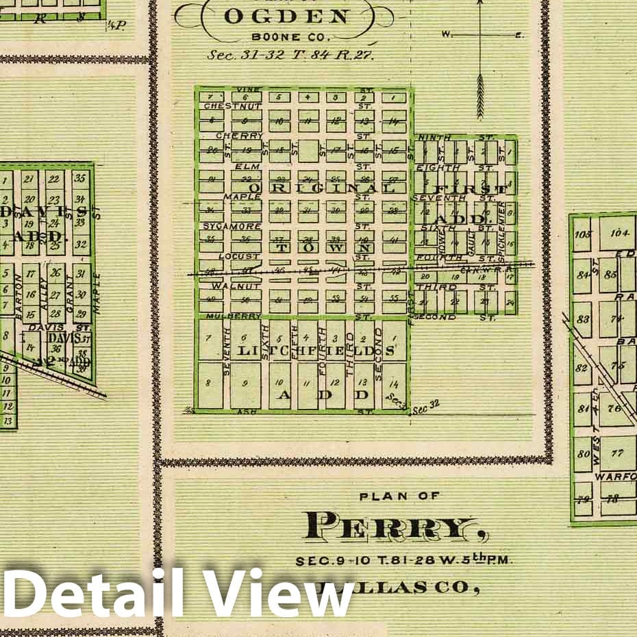 Dallas Center, Casey, DeSoto, Dexter, Ogden, Perry, Shell Rock and Adel, Iowa 1875 Historical Map