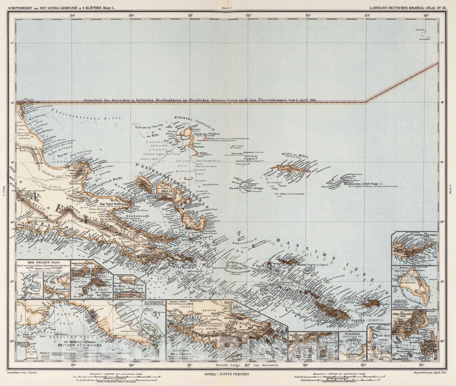 Historic Map : Papua New Guinea, 1893 Nr. 28. Schutzgebiet des Neu-Guinea Kompanie in 6 Blaettern, Blatt 5. (New Guinea Company in 6 sheets, Sheet 5.) , Vintage Wall Art