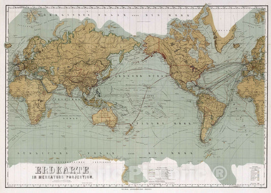 Historic Map : 1875 Erdkarte in Mercators Projection. (World in Mercators Projection). - Vintage Wall Art