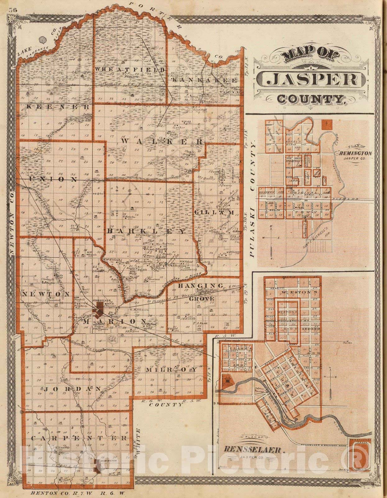 Historic Map : 1876 Map of Jasper County (with) Plan of Remington (and) Plan of Rensselaer. - Vintage Wall Art
