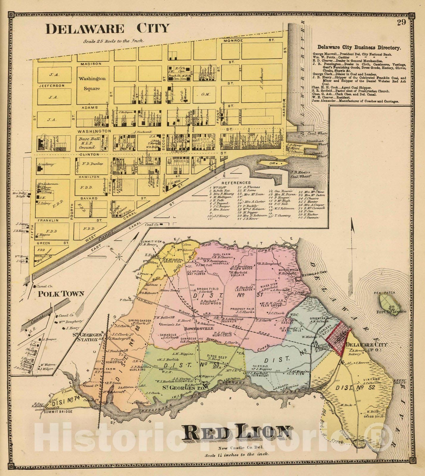 Historic Map : 1868 Delaware City, Red Lion. - Vintage Wall Art