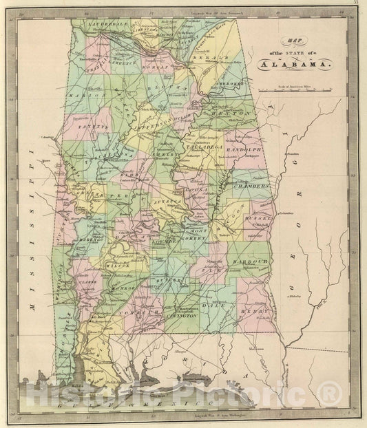 Historic Map : 1848 Map of the State of Alabama. - Vintage Wall Art