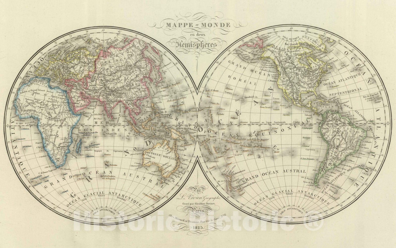 Historic Map : 1825 Mappe -Monde en deux Hemispheres. - Vintage Wall Art