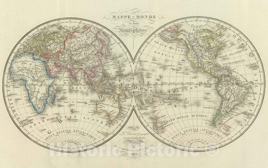 Historic Map : 1825 Mappe -Monde en deux Hemispheres. - Vintage Wall Art