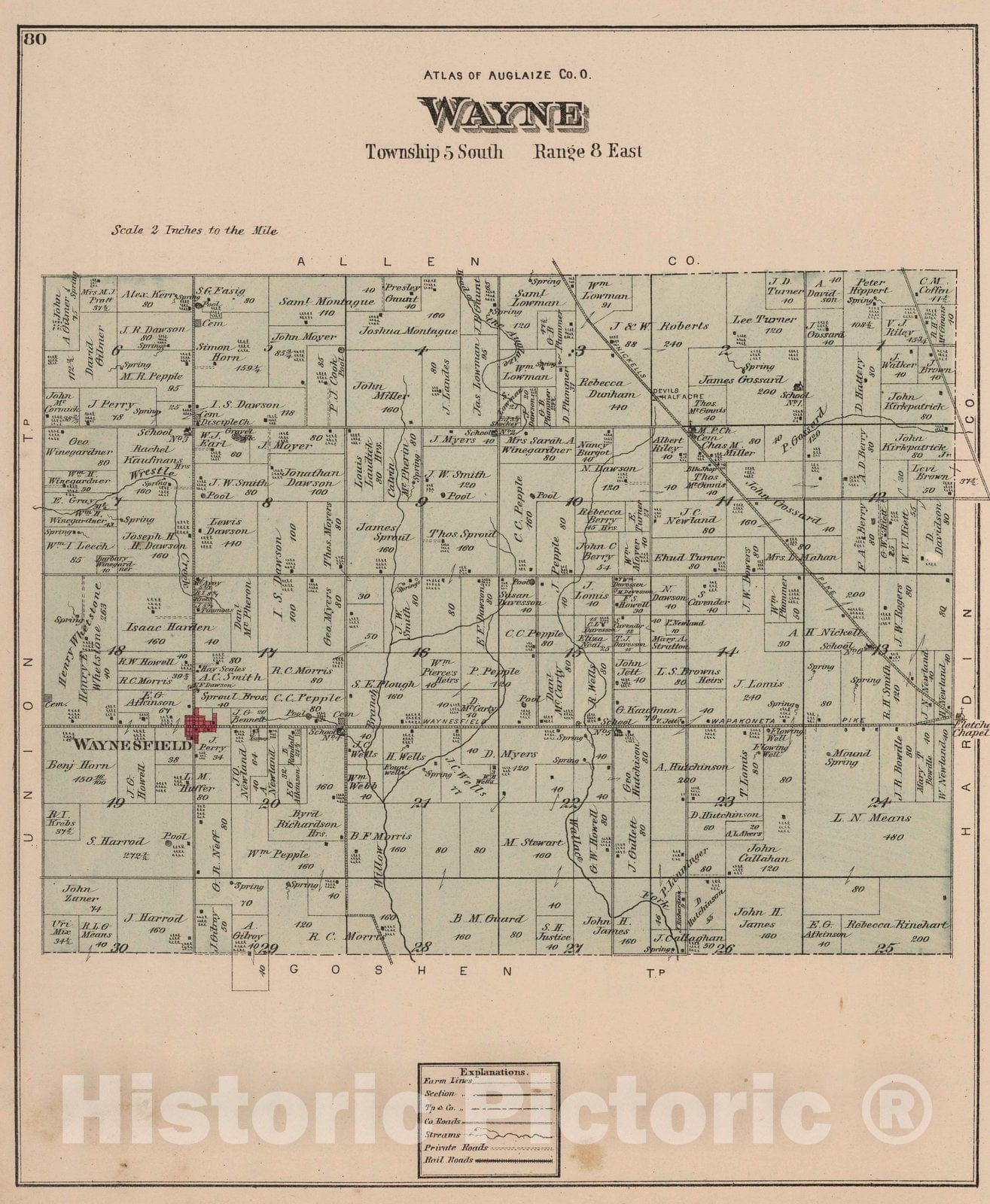 Historic Map : 1880 Wayne Township, Auglaize County, Ohio. - Vintage Wall Art