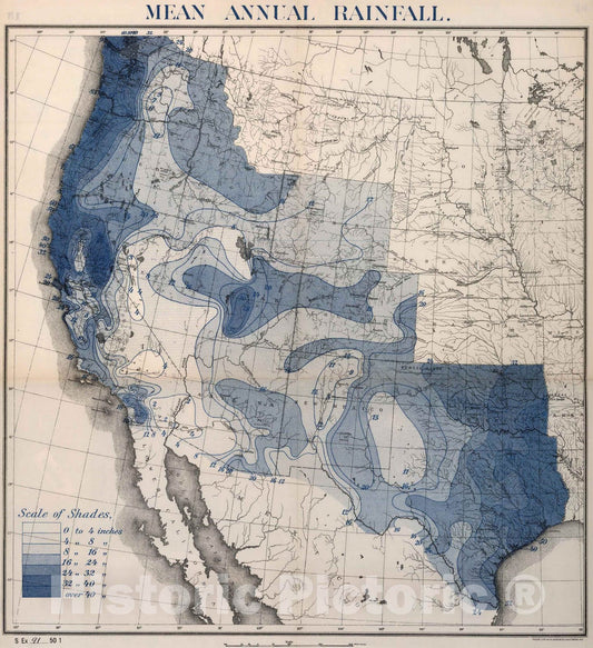 Historic Map : 1888 13. Mean annual rainfall - Vintage Wall Art
