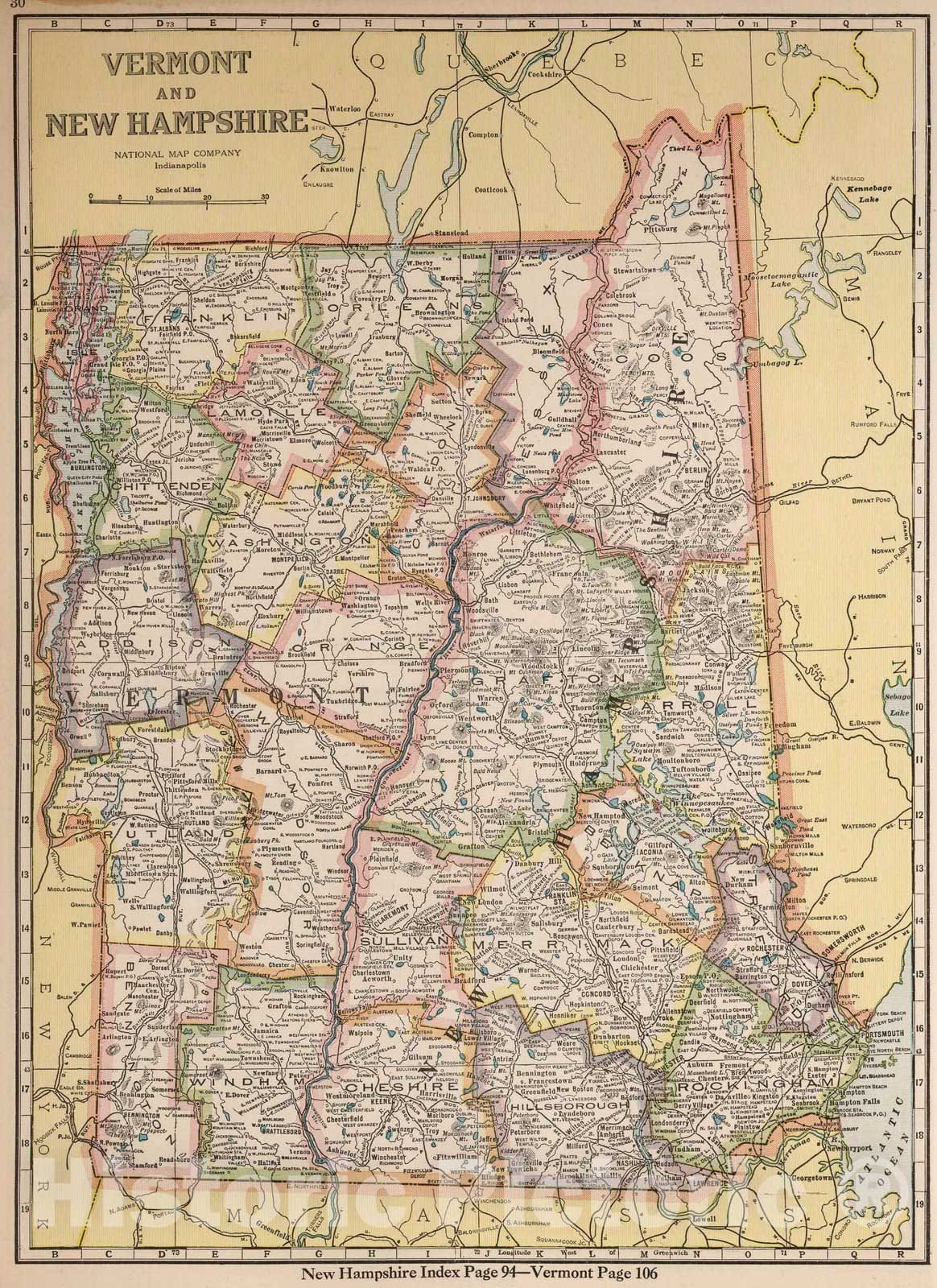 Historic Map : National Atlas - 1927 Vermont and New Hampshire - Vintage Wall Art