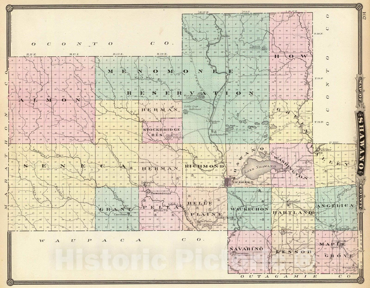 Shawano County, Wisconsin - Geologic Map, 1878 - Historical Atlas Print