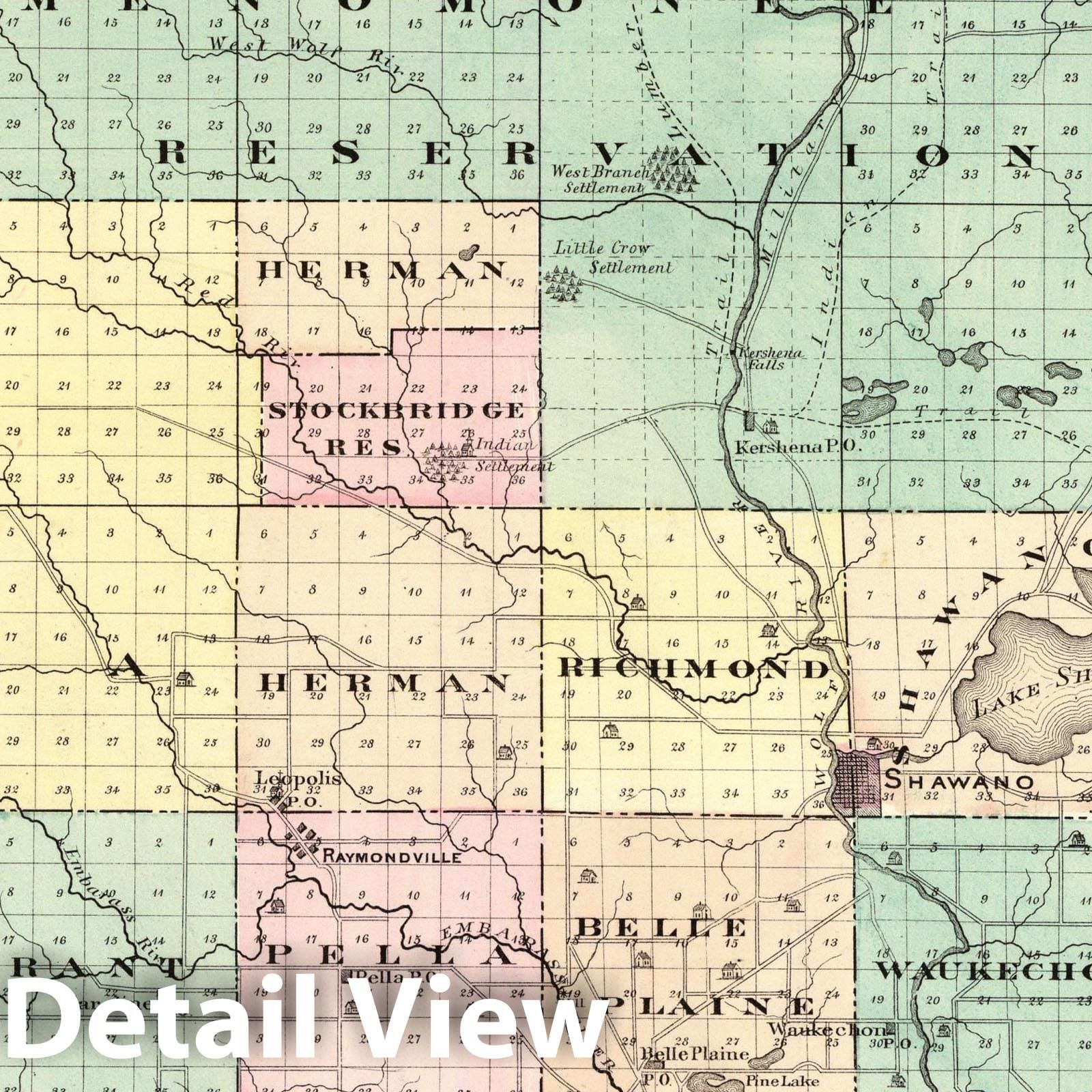 Historic Map - 1878 Map of Shawano County, State of Wisconsin. - Vintage Wall Art