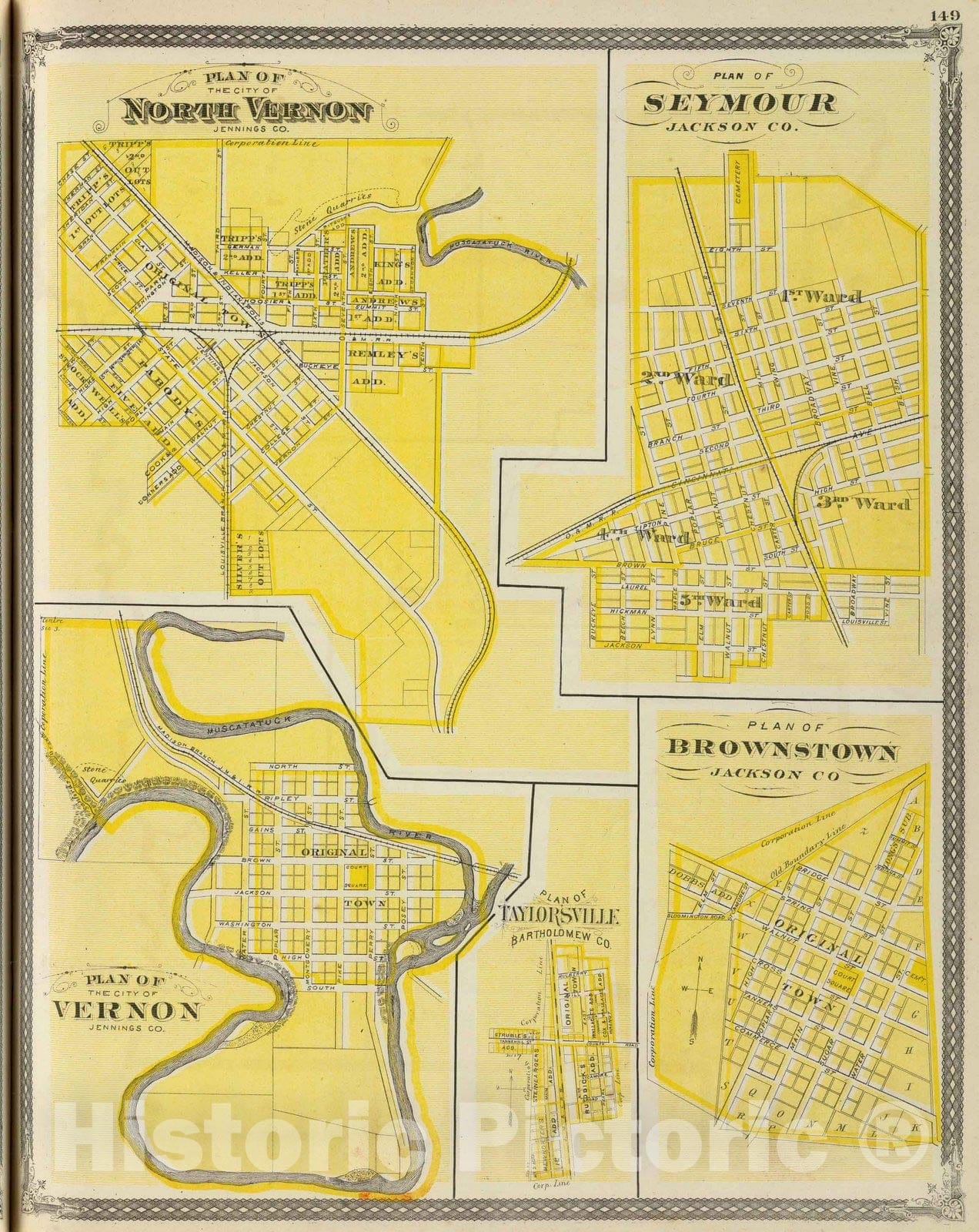 North Vernon, Vernon, Taylorsville, Seymour, Brownstown, Indiana 1876 Historical Map Print