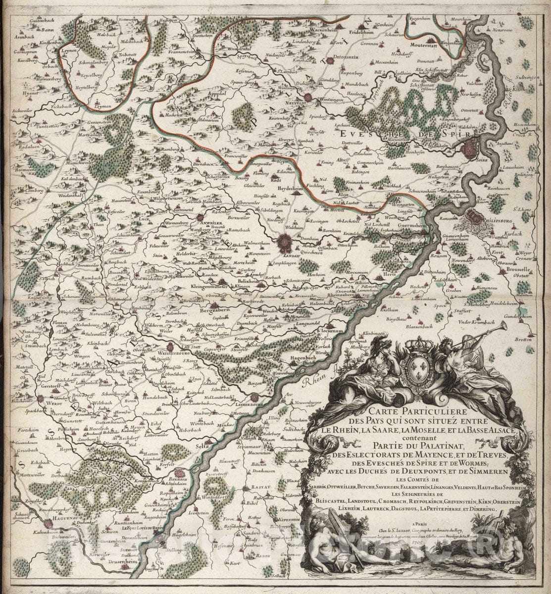 Historic Map : France, 1705 Pais scituez entre le Rhein, la Saare, la Moselle, et la Basse Alsace (southeastern sheet). , Vintage Wall Art