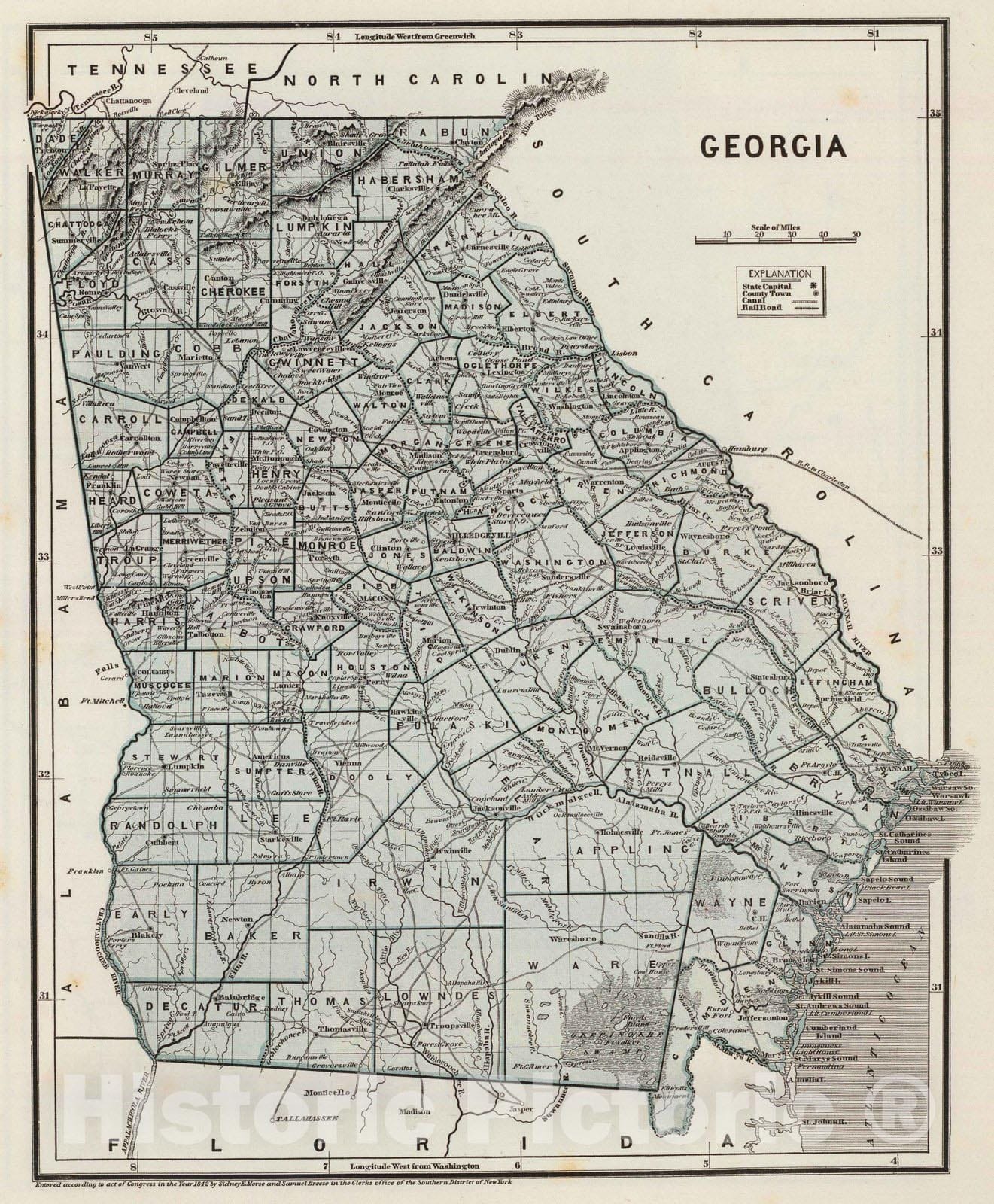 Historic Map : National Atlas - 1845 Georgia. - Vintage Wall Art