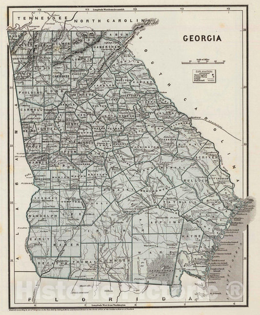 Historic Map : National Atlas - 1845 Georgia. - Vintage Wall Art