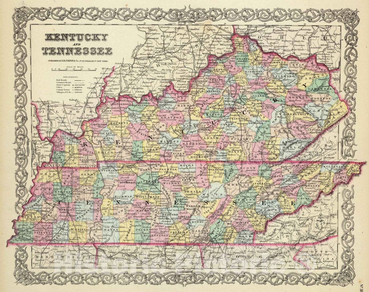 Kentucky and Tennessee - Physical Map, 1856 - Colton's Atlas Historical Print