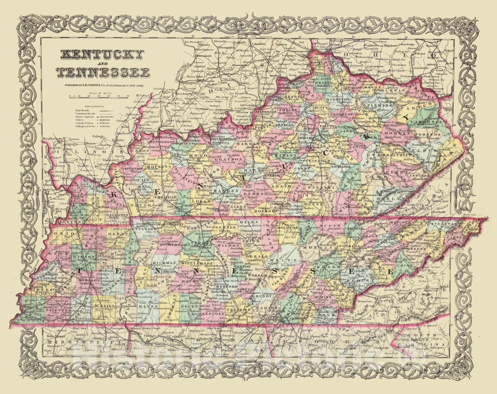 Historic Map : 1856 Kentucky and Tennessee : Vintage Wall Art