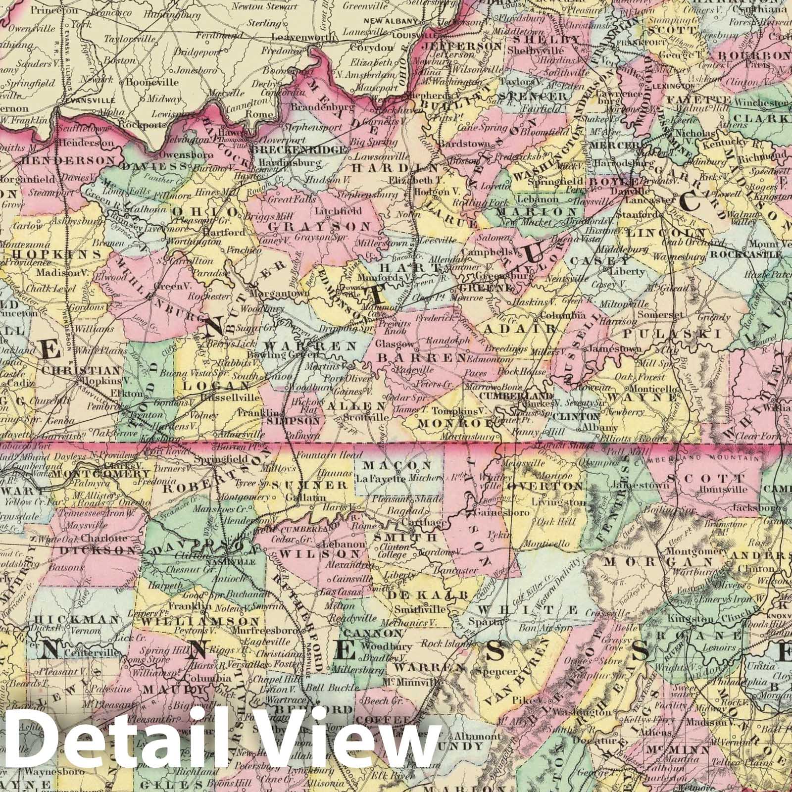 Kentucky and Tennessee - Physical Map, 1856 - Colton's Atlas Historical Print
