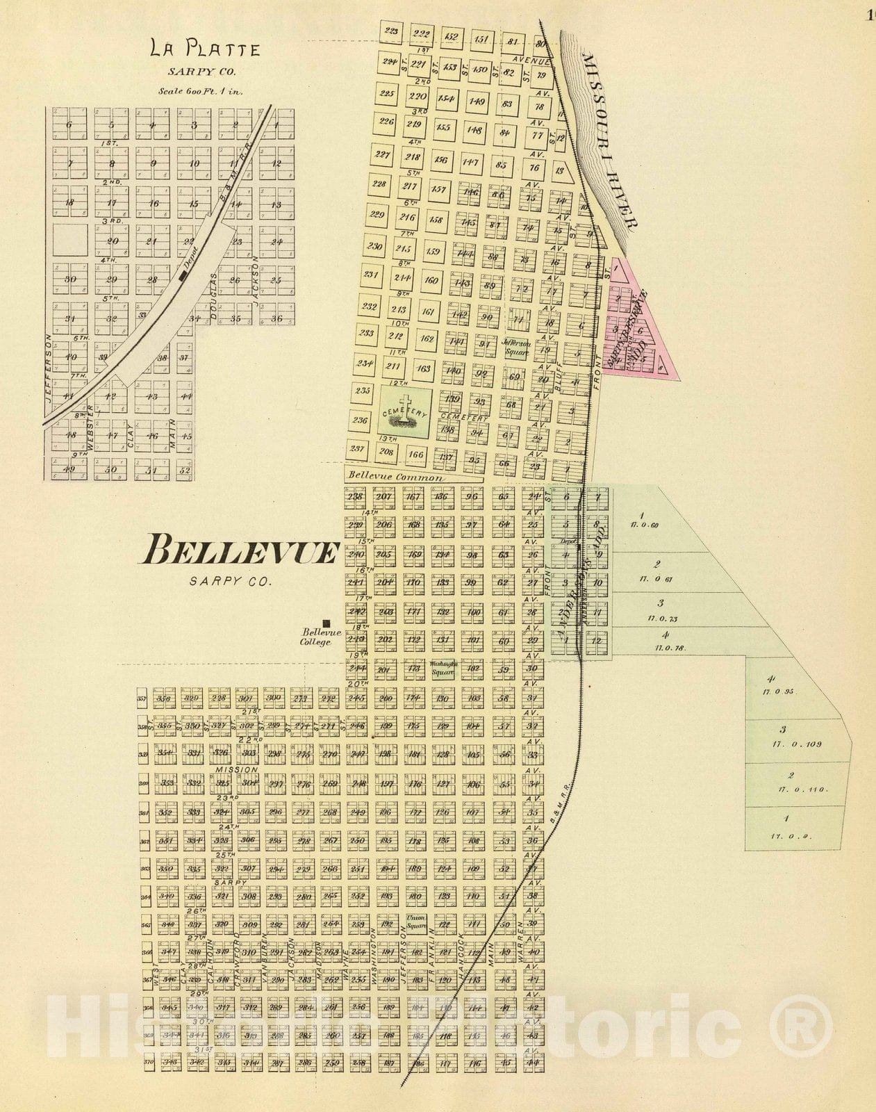 Historic Map : Bellevue (Neb.), Nebraska, 1885 Bellevue, La Platte. , Vintage Wall Art