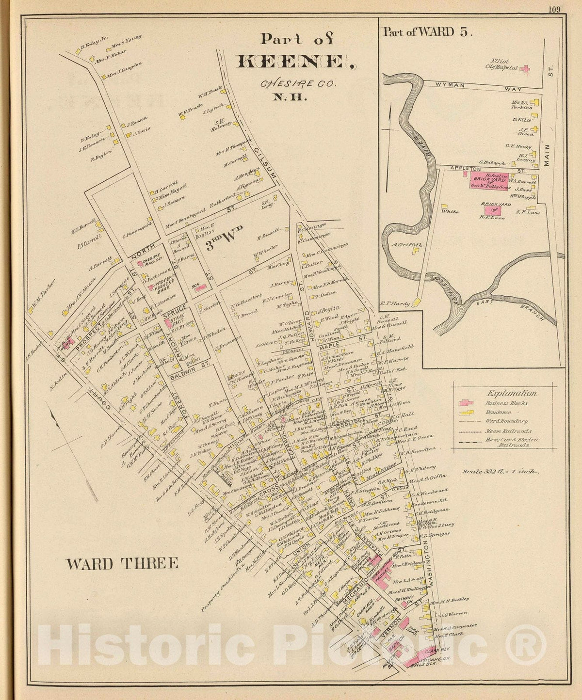 Historic Map : 1892 Keene, Ward 3, 5. - Vintage Wall Art