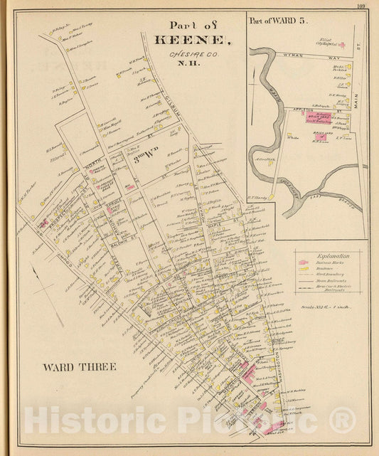 Historic Map : 1892 Keene, Ward 3, 5. - Vintage Wall Art