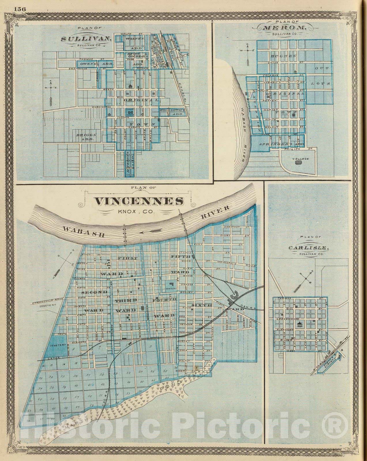 Historic Map : 1876 Plan of Vincennes, Knox Co. (with) Sullivan, Merom, Carlisle. - Vintage Wall Art